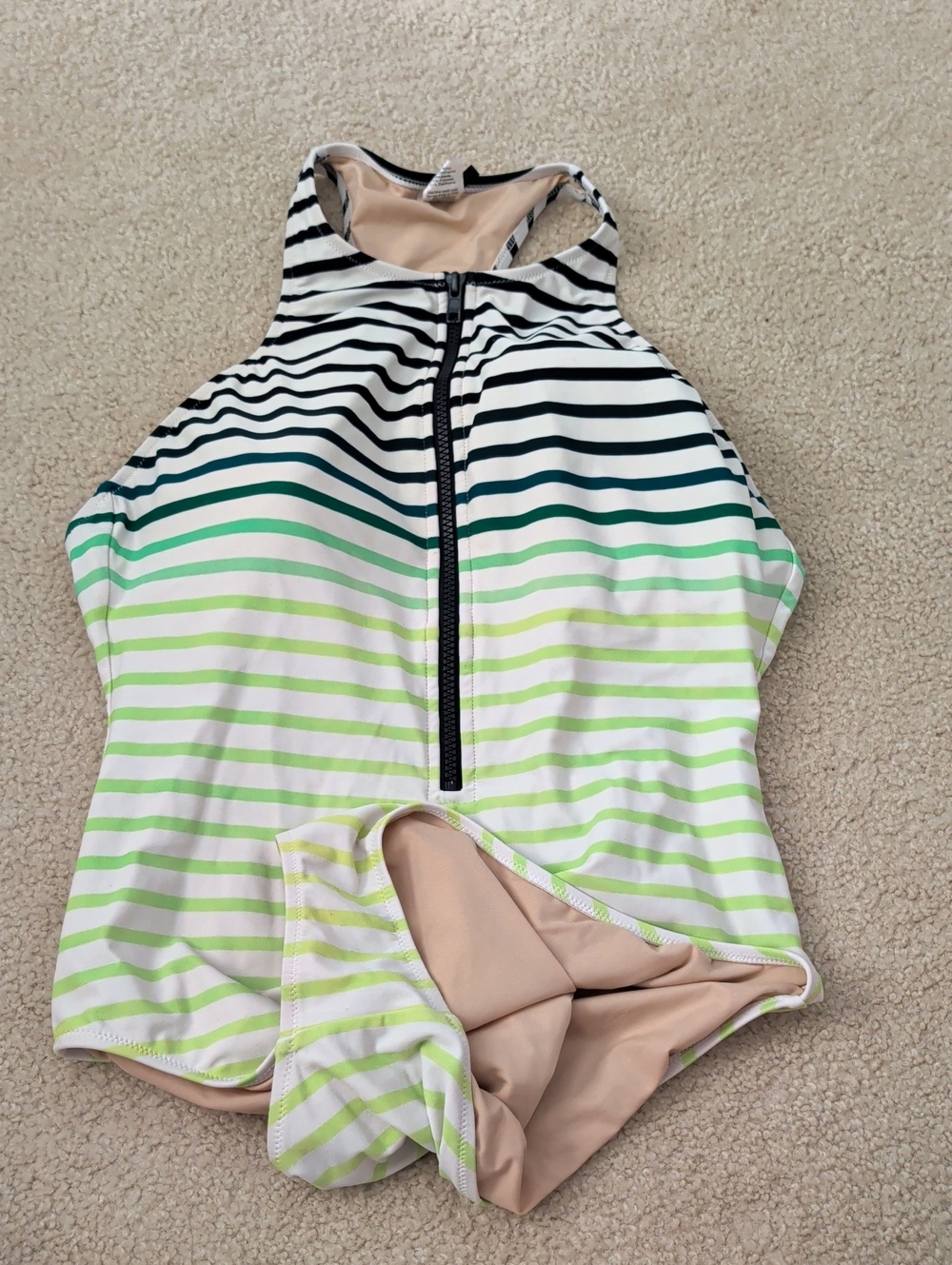 J Crew Women's Size 12 Striped Front-Zip One-Piece Swimsuit in Green Gradient